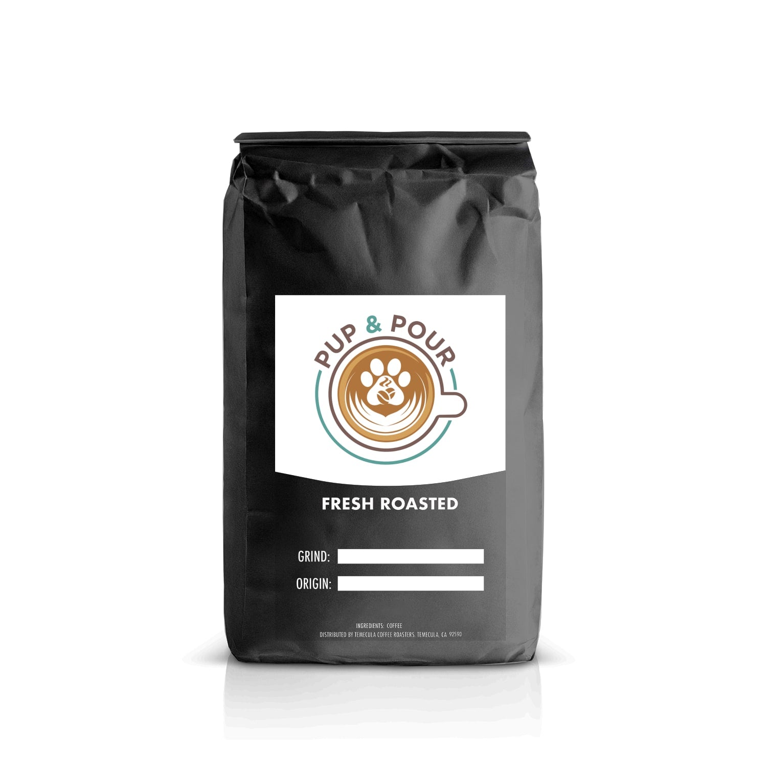 Black coffee bag with 'Pup & Pour' label on a white background